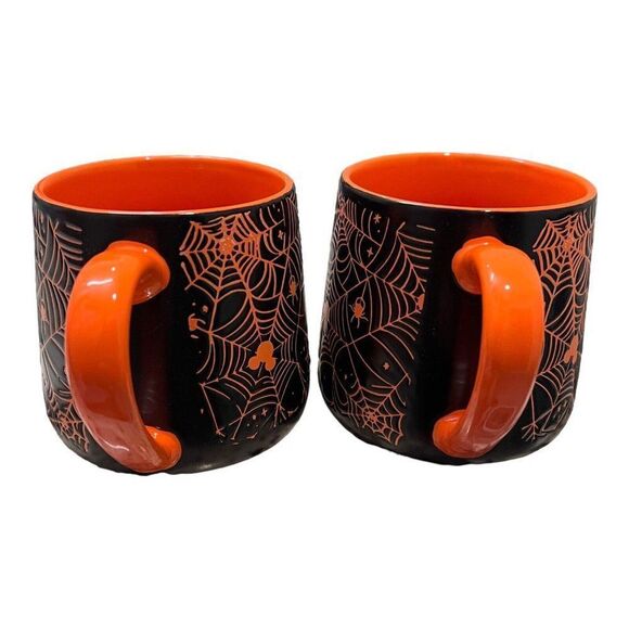 Disney Mugs Mickey Mouse‎ Black Spiders Webs Halloween Orange Set Of 2 Ears NEW - Picture 6 of 8